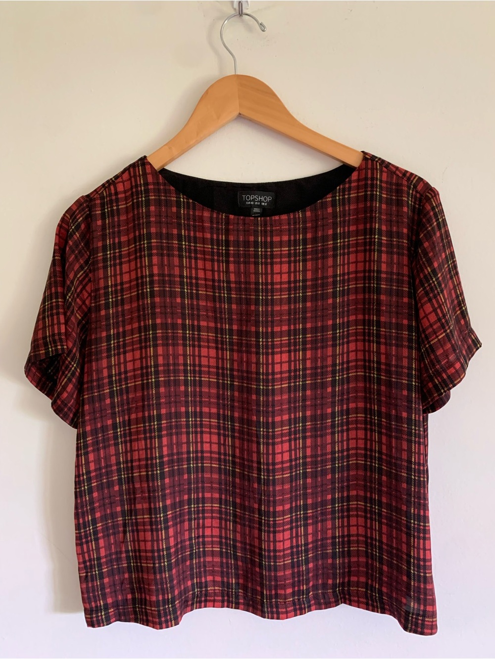 Topshop Red Tartan Plaid Boxy Short Sleeve Blouse Tee T-Shirt, Silky Satin, US 8